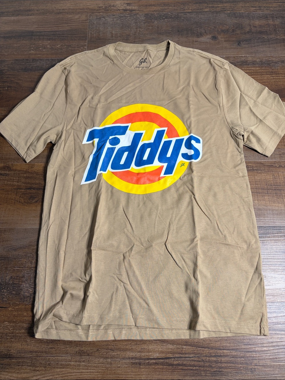 Gildan Tan Short-Sleeve Tee with Blue, Yellow & Orange Logo